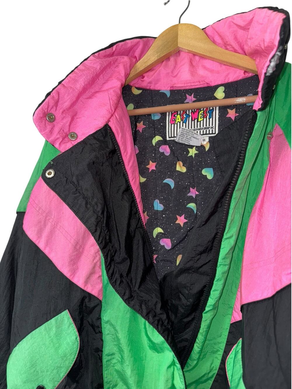 Vintage 90s East West Windbreaker Coat Women's Medium Colorblock Rainbow Stars